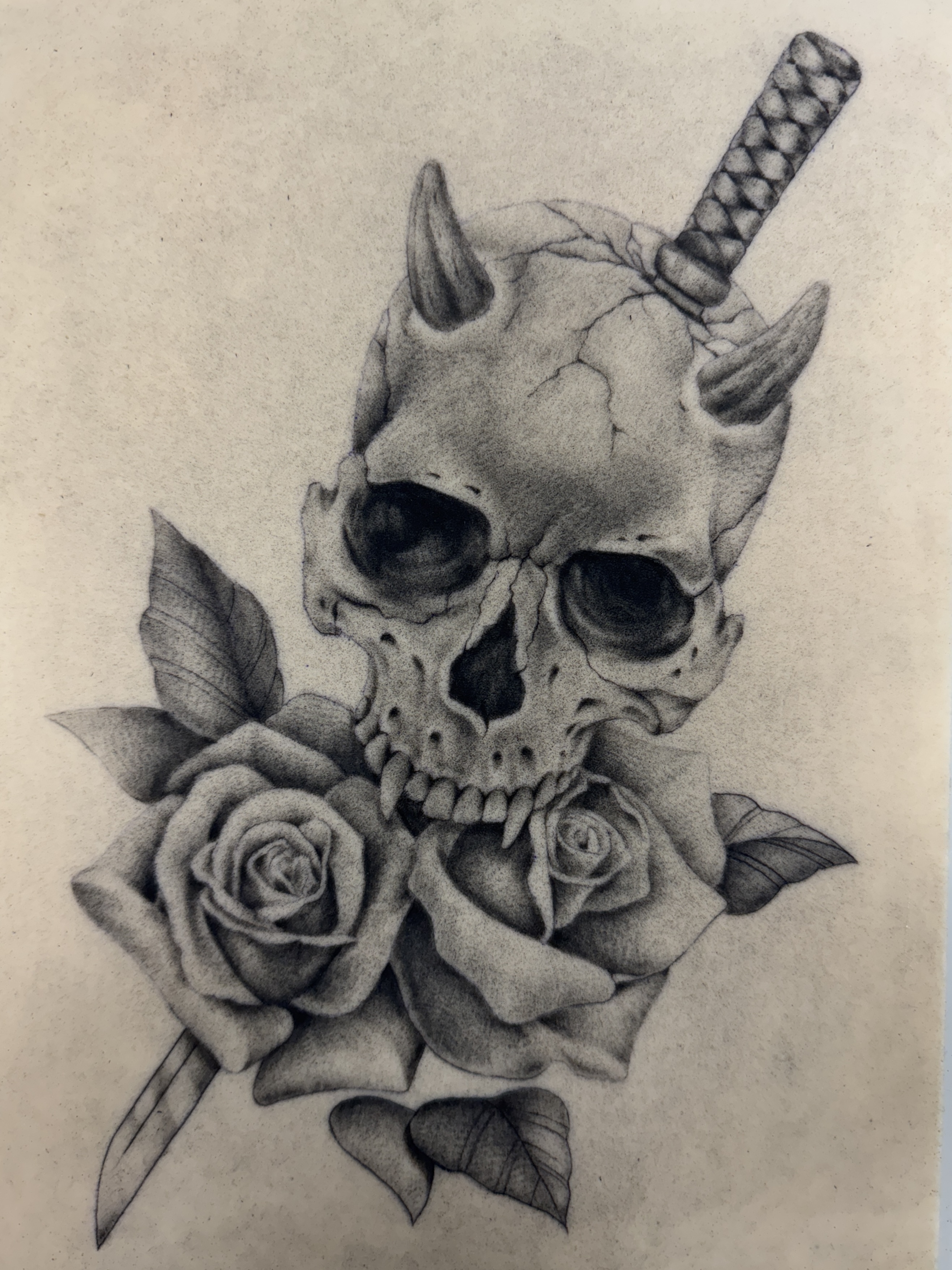 Skull, roses and sword.