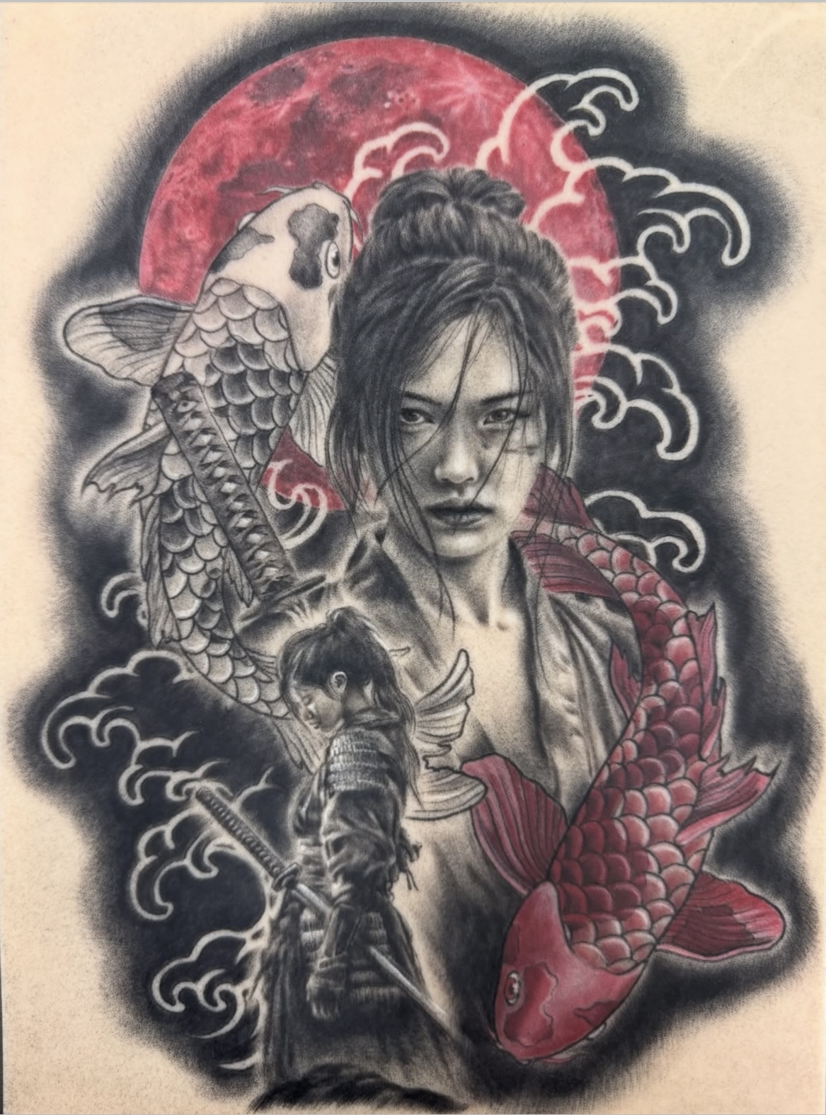 Mulan with koi fish on fake skin.