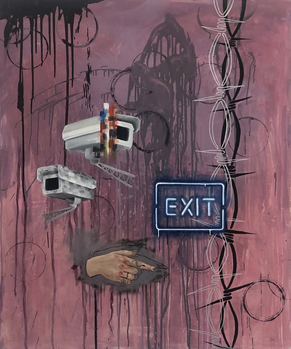 Abstract painting with security cameras and barbed wire.