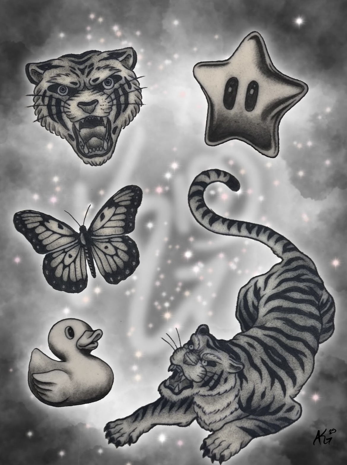 Tiger, butterfly, star and duck