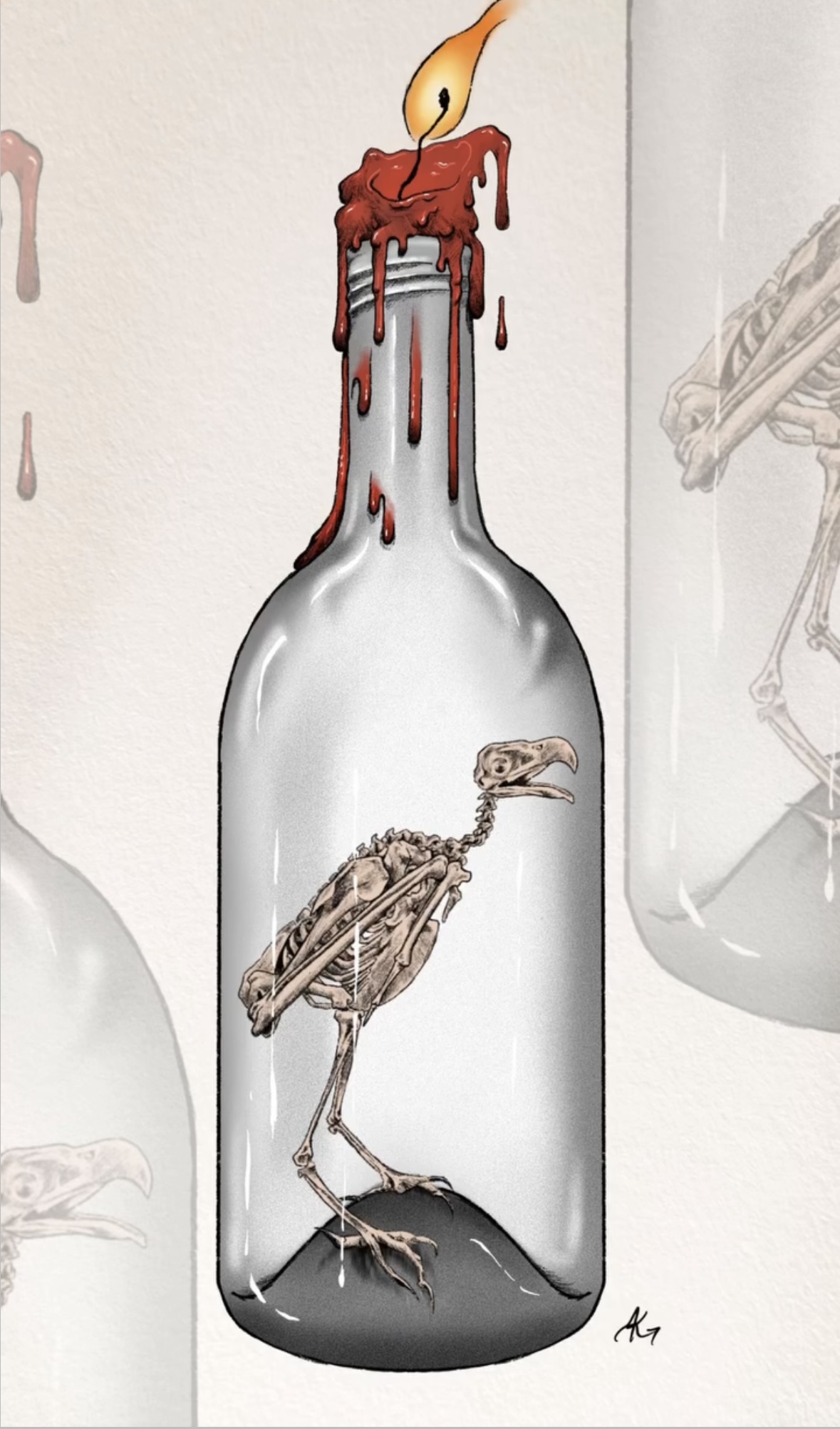 Bird skeleton inside a jar