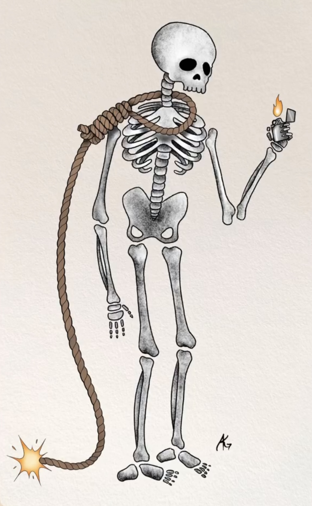 Skeleton holding a lighter